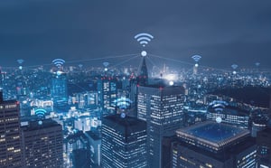 Paysage urbain avec connexion Wi-Fi : concept, concept lié aux technologies de l'information et de la communication