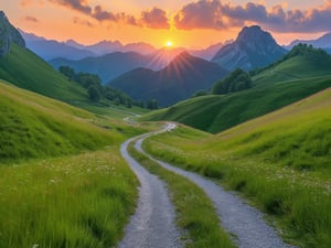 Ein Feldweg durch grüne Hügel bei Sonnenuntergang – Ein gewundener Feldweg durch üppig grüne Hügel