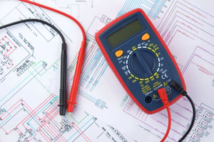 The digital multimeter electrical engineering drawings, circuit breaker and pencils